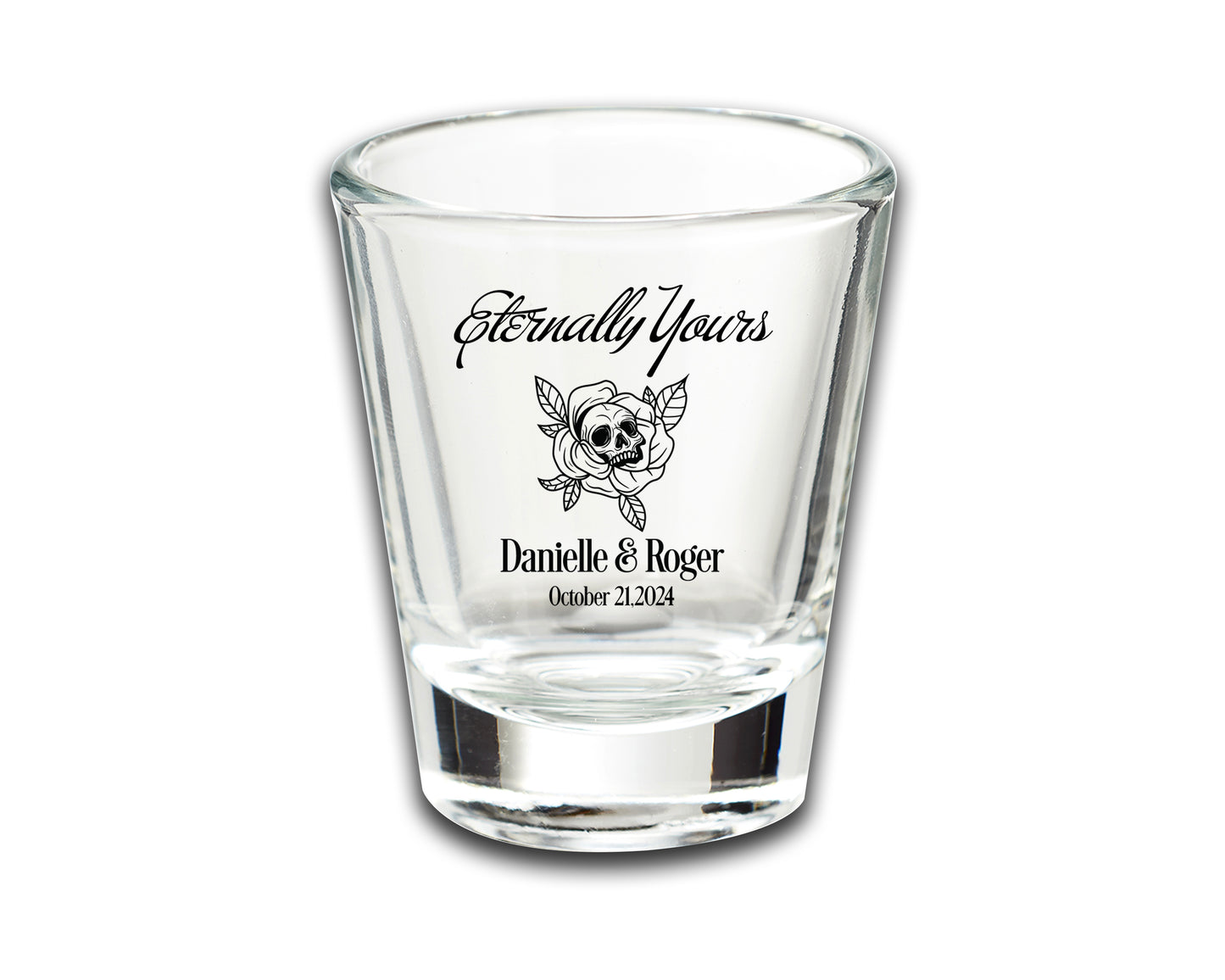 Custom Wedding Favor Shot Glasses, Eternally Yours, Skull Skeleton Themed Wedding, Customized Couple's Names Wedding Favors