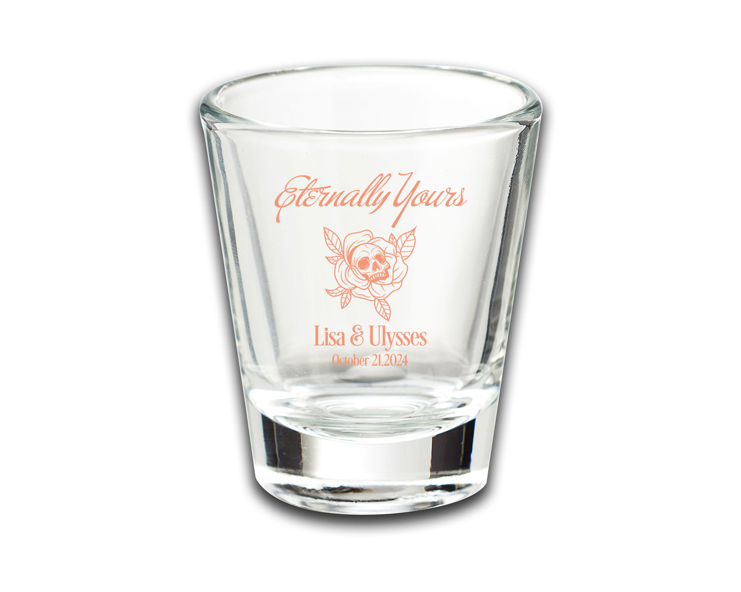 Custom Wedding Favor Shot Glasses, Eternally Yours, Skull Skeleton Themed Wedding, Customized Couple's Names Wedding Favors