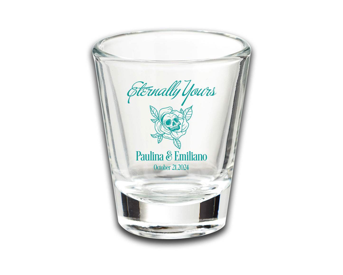 Custom Wedding Favor Shot Glasses, Eternally Yours, Skull Skeleton Themed Wedding, Customized Couple's Names Wedding Favors