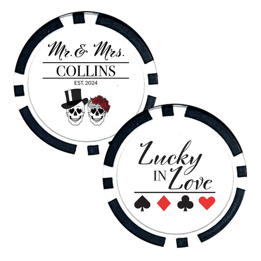 Wedding Favor Poker Chip Designs, 25 pcs, Skeleton Themed Wedding, Mr. and Mrs. Favors, Goth Inspired Wedding Decor, Lucky In Love