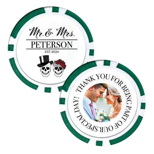 Wedding Favor Poker Chip Designs, 25 pcs, Skeleton Themed Wedding, Mr. and Mrs. Favors, Goth Inspired Wedding Decor