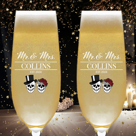 Personalized Wedding Champagne Flutes, Skeleton Design, Set of 6, Wedding Favor Drinking Glasses, Last Name Wedding Souvenirs