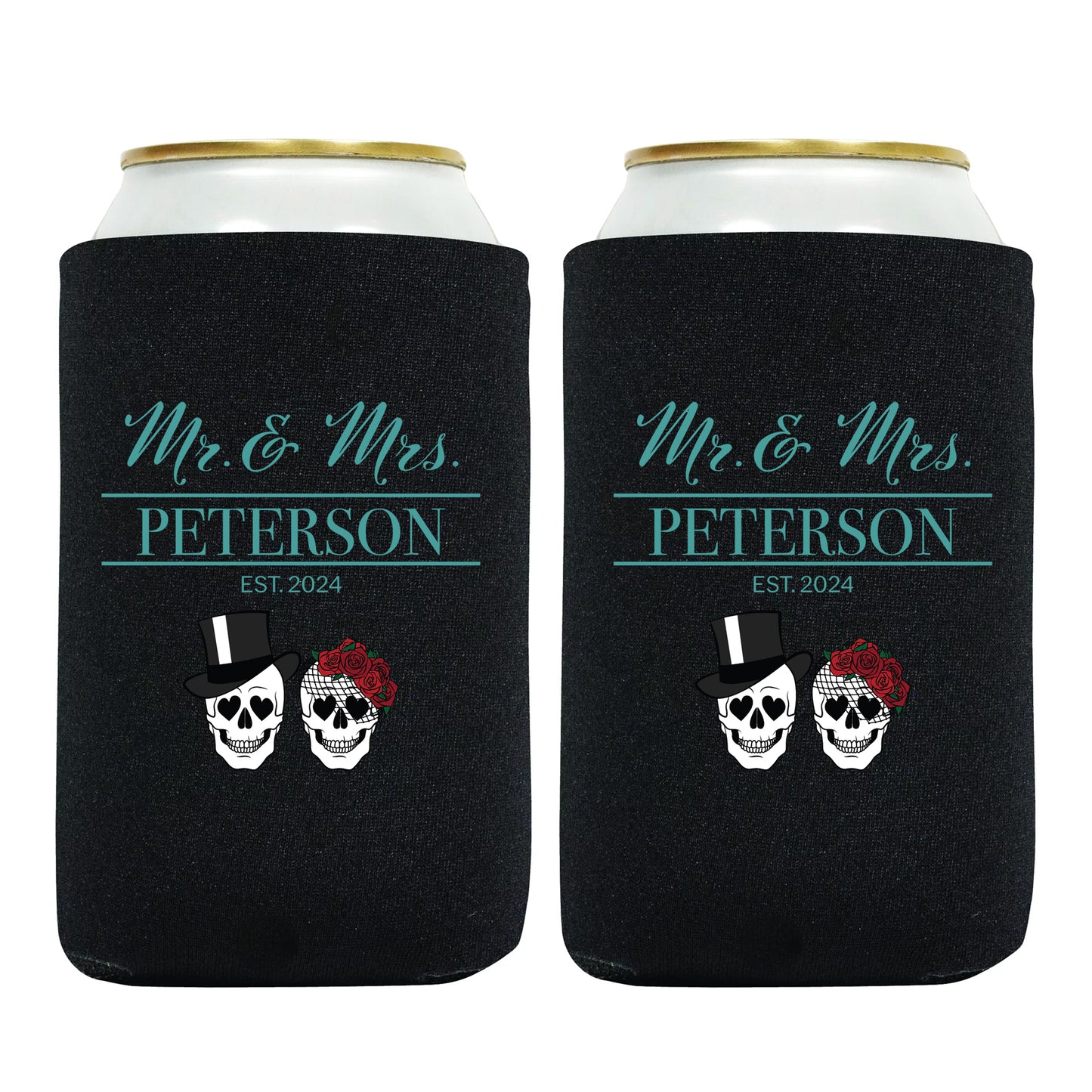 Personalized Koozies, Wedding Favors and Gifts, Customized Name Presents, Skull Themed Wedding