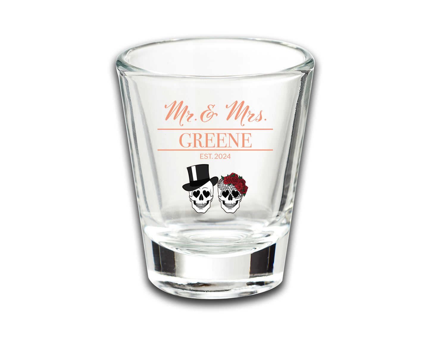 Personalized Wedding Shot Glasses, Personalized Last Name Wedding Favors, Skull Skeleton Themed Wedding, Gothic Aesthetic