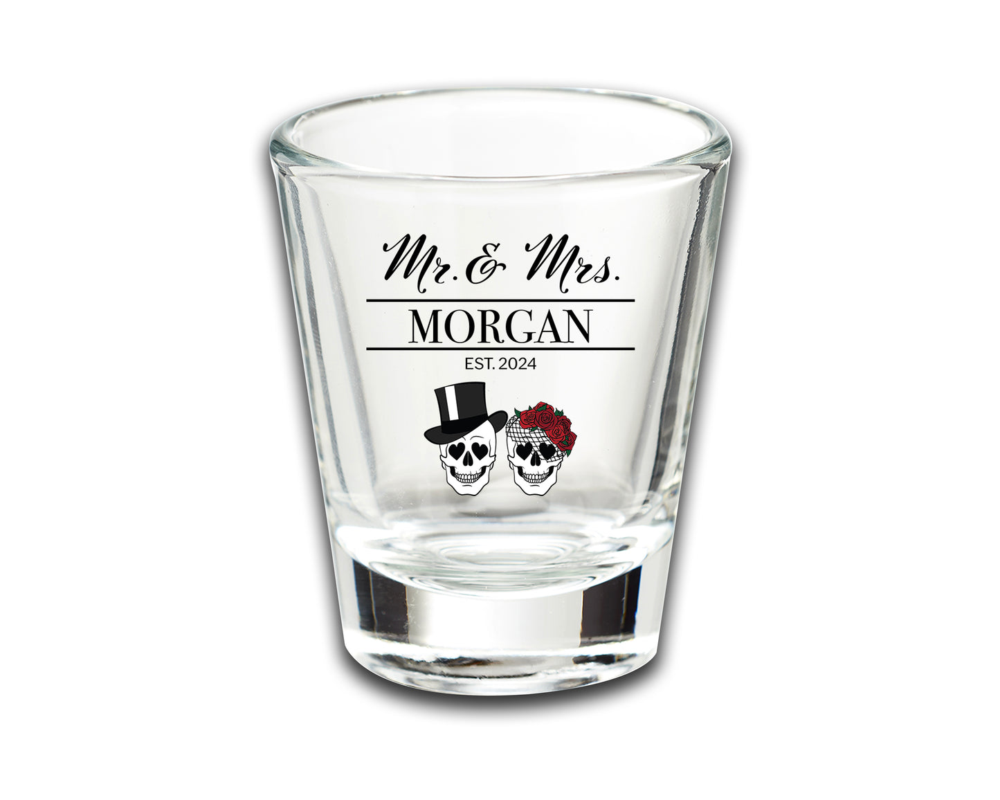 Personalized Wedding Shot Glasses, Personalized Last Name Wedding Favors, Skull Skeleton Themed Wedding, Gothic Aesthetic