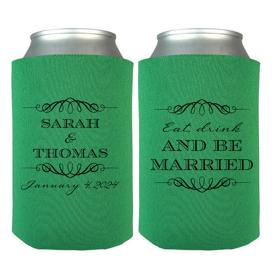 Customized Drink Sleeves, Eat Drink And Be Married, Personalized Couple's Names Wedding Reception Favors, Wedding Keepsakes