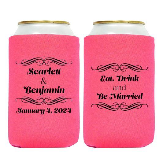 Custom Drink Koozies, Eat Drink And Be Married, Personalized Couple's Names Wedding Giveaways, Elegant Wedding Gifts