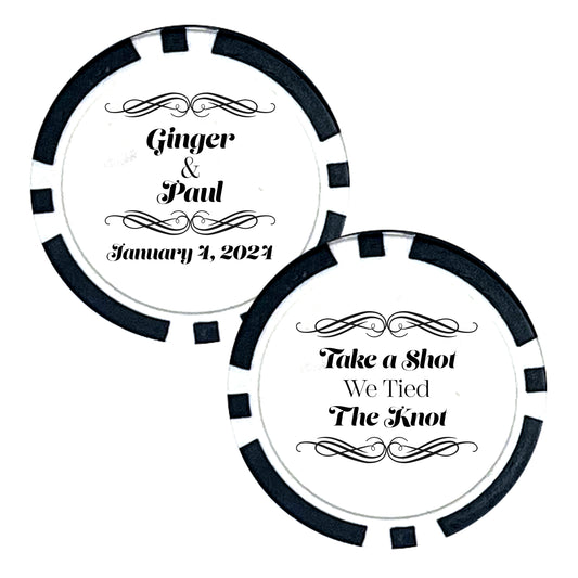 Poker Chip Wedding Favors, 25 pcs, Custom Wedding Favors Featuring Couple's Names, Take a Shot We Tied The Knot, Personalized Name Souvenirs