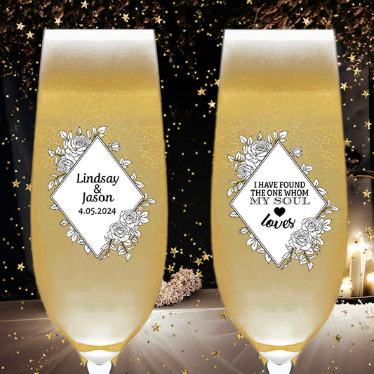 Customized Wedding Champagne Glasses, Set of 6, Customized Wedding Glassware Mementos, Custom Couple's Names Wedding Party Gifts, I Have found The One Whom My Soul Loves