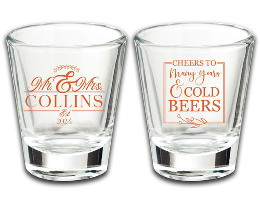 Custom Wedding Shot Glasses Gifts, Cheers to Many Years & Cold Beers, Mr. and Mrs. Wedding Favors, Wedding Favors Featuring Couple's Surname