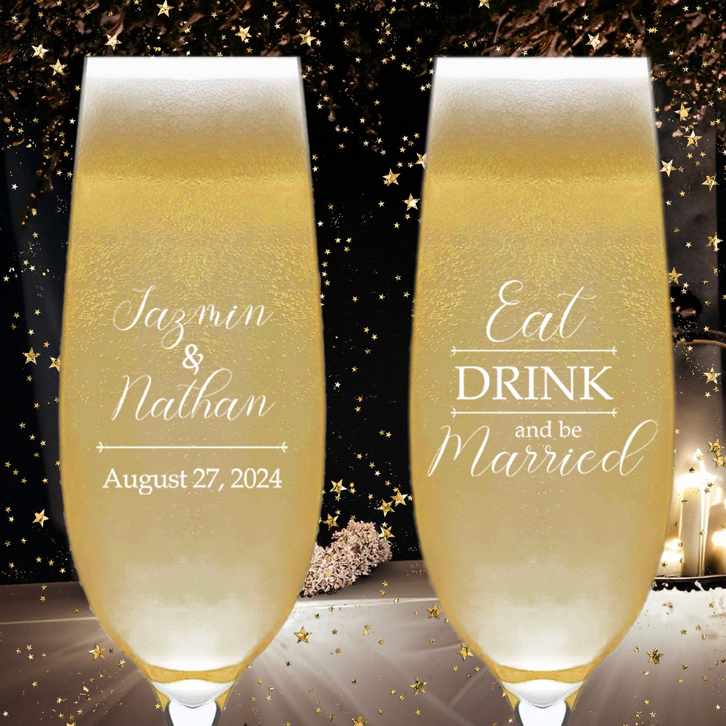 Customized Wedding Champagne Glasses, Set of 6, Customized Wedding Glassware Mementos, Custom Couple's Names Wedding Party Gifts, Eat Drink And Be Married