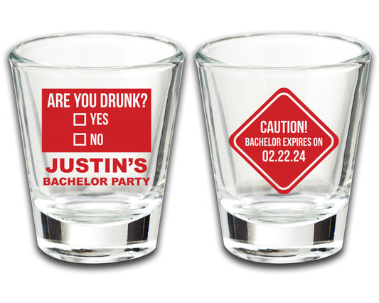 Bachelor Party Shot Glasses, Groom's Entourage Favors, Customized Party Favors, Caution Bachelor Expires, Are You Drunk?