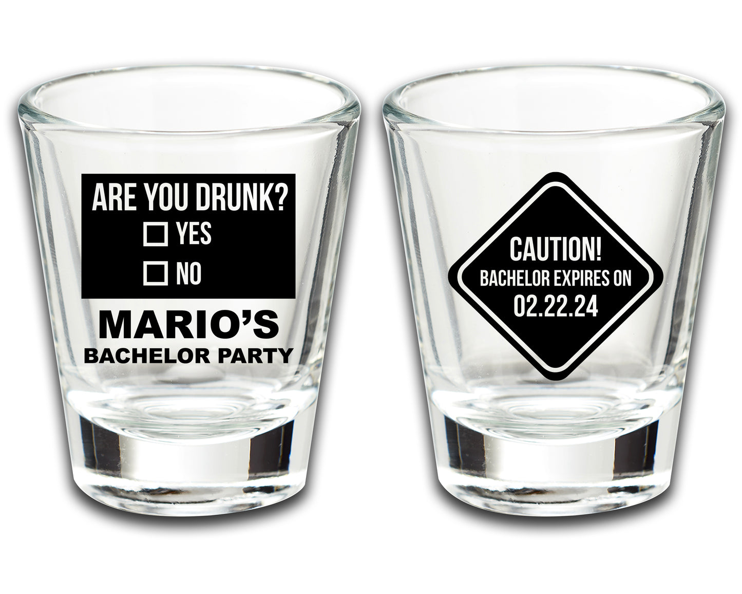 Bachelor Party Shot Glasses, Groom's Entourage Favors, Customized Party Favors, Caution Bachelor Expires, Are You Drunk?