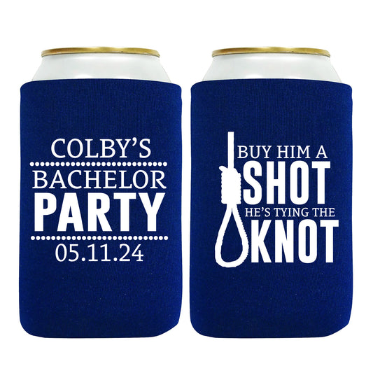 Custom Bachelor Koozies, Personalized can sleeves, Groom's Squad Gifts, Groom's Name Party Favors, Buy Him A Shot He's Tying The Knot