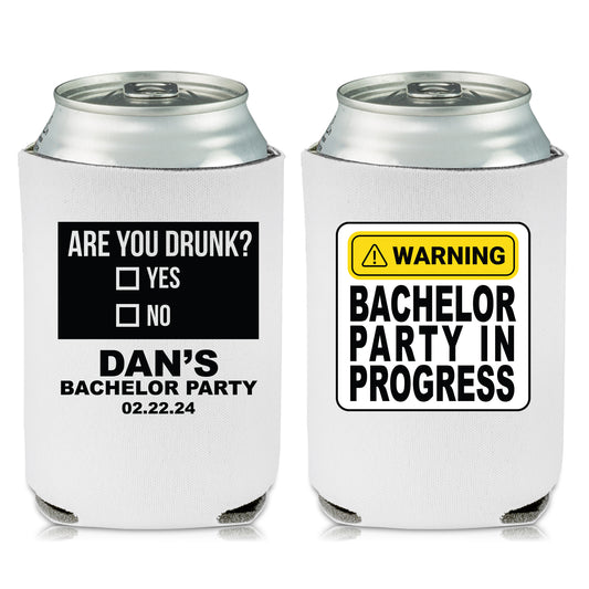 Custom Bachelor Koozies, Personalized can sleeves, Groom's Squad Gifts, Groom's Name Party Favors, Bachelor Party In Progres, Are You Drunk?