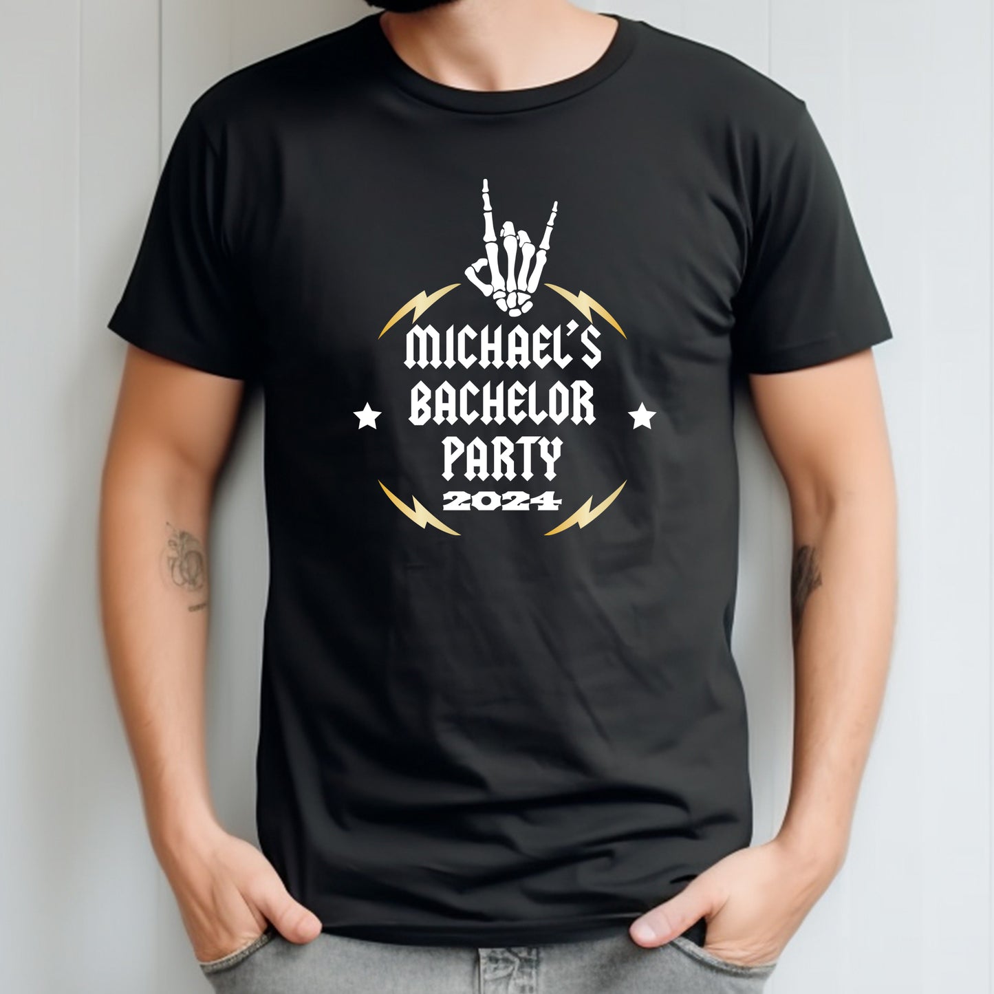 Bachelor Party Groom T-hirts, Skeleton Hand Rock N Roll, Groom's Entourage Favors, Custom Name Design Tees