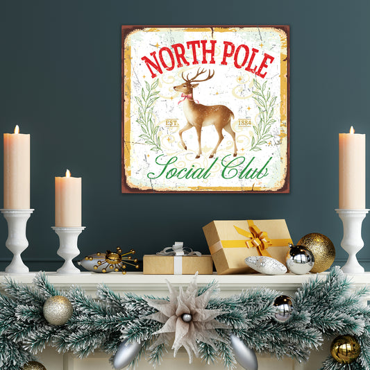 North Pole Social Club, Metal Sign Antique,Farmhouse Decor, Christmas Wall Decor, Mantle Artwork, Vintage Christmas Decor, Holiday Gifts