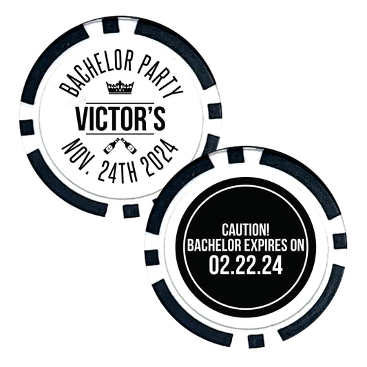 Personalized Casino Chips, 25 pcs, Celebration Mementos, Custom Groom's Name Favors, Caution Bachelor Expires On